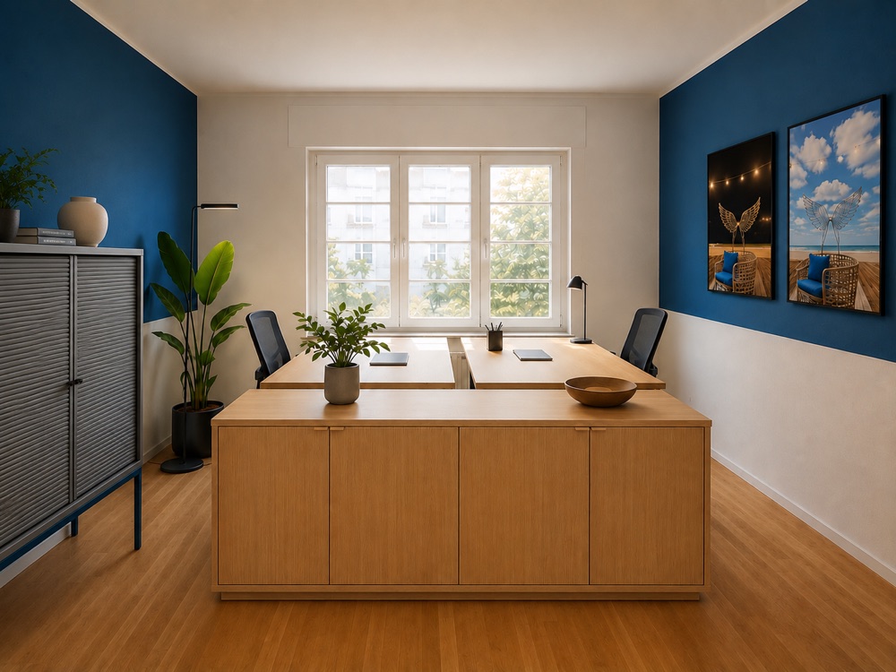 Raum Sky – zwei Arbeitsplätze vor blauer Wand mit Fensterblick
