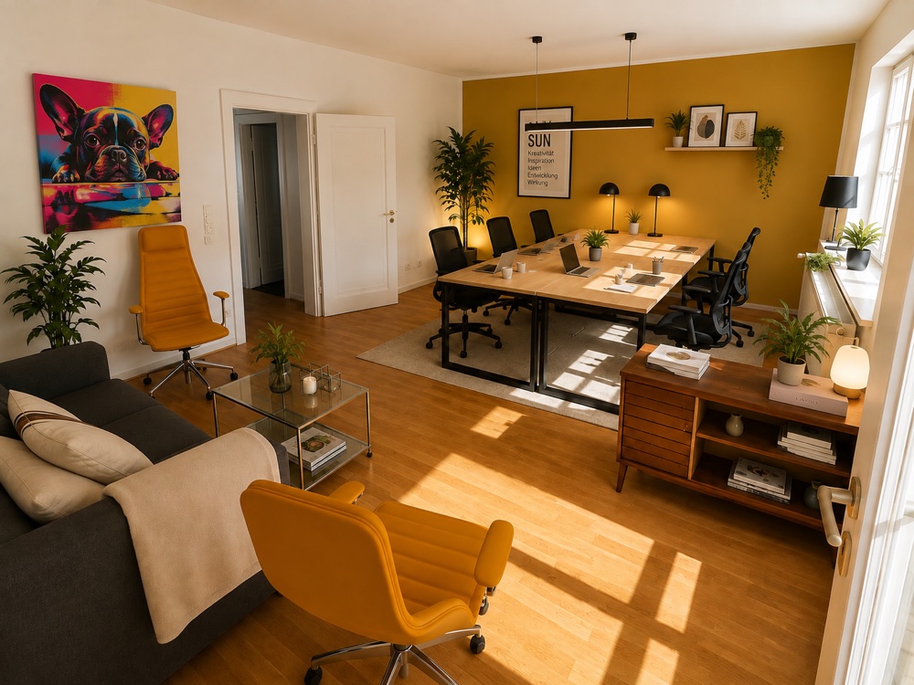 Raum Sun – Lounge mit gelbem Sessel, Pop-Art-Bild und Regal