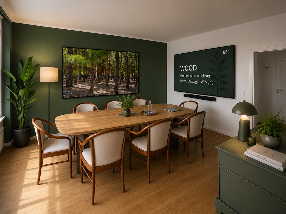 Raum Wood – Besprechungstisch für acht Personen vor grüner Wand mit Display
